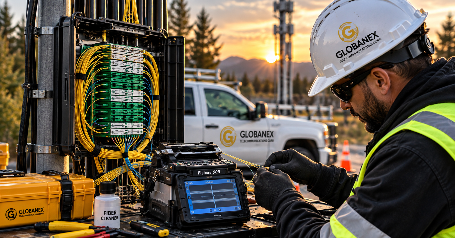Globanex fiber optic technician working with fusion splicing equipment